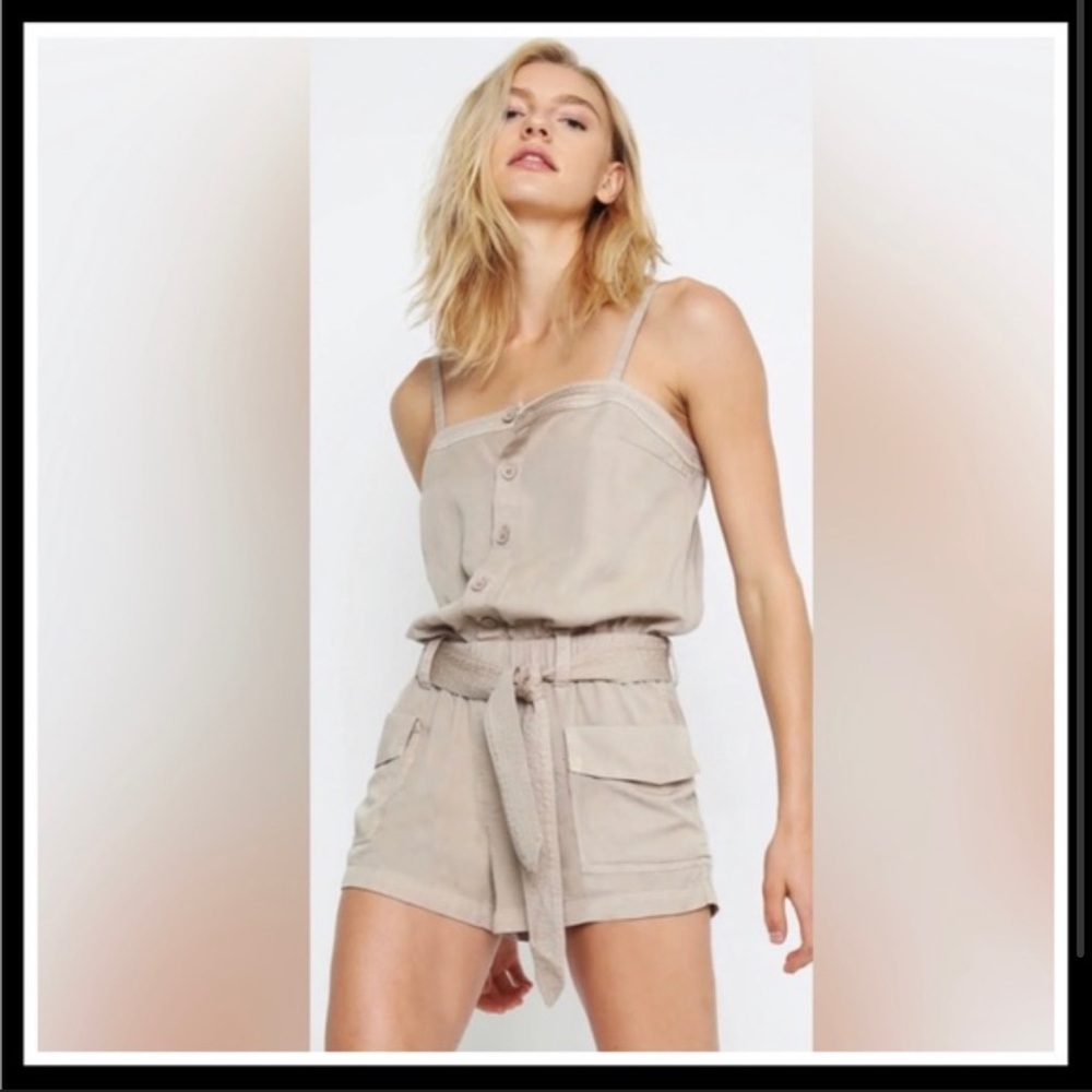 Pam & Gela Women Beige Sleeveless Button-Up Elastic Waist Sash Tie Belted Romper